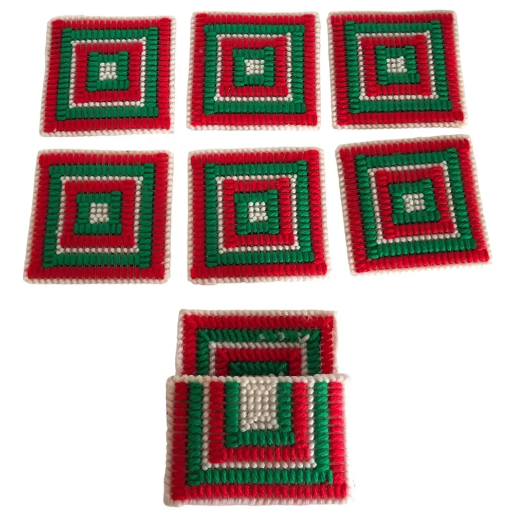 VINTAGE 70s Lot of 9 Christmas Crochet and Needlepoint Coasters Holiday Xmas